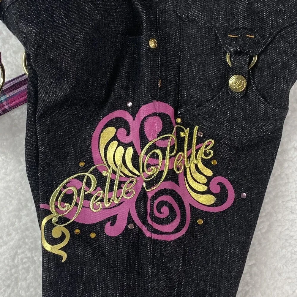 Y2K Pelle Pelle Girls‎ Jeans 10 Black Suspender Embroidered Hip Hop Festival VTG